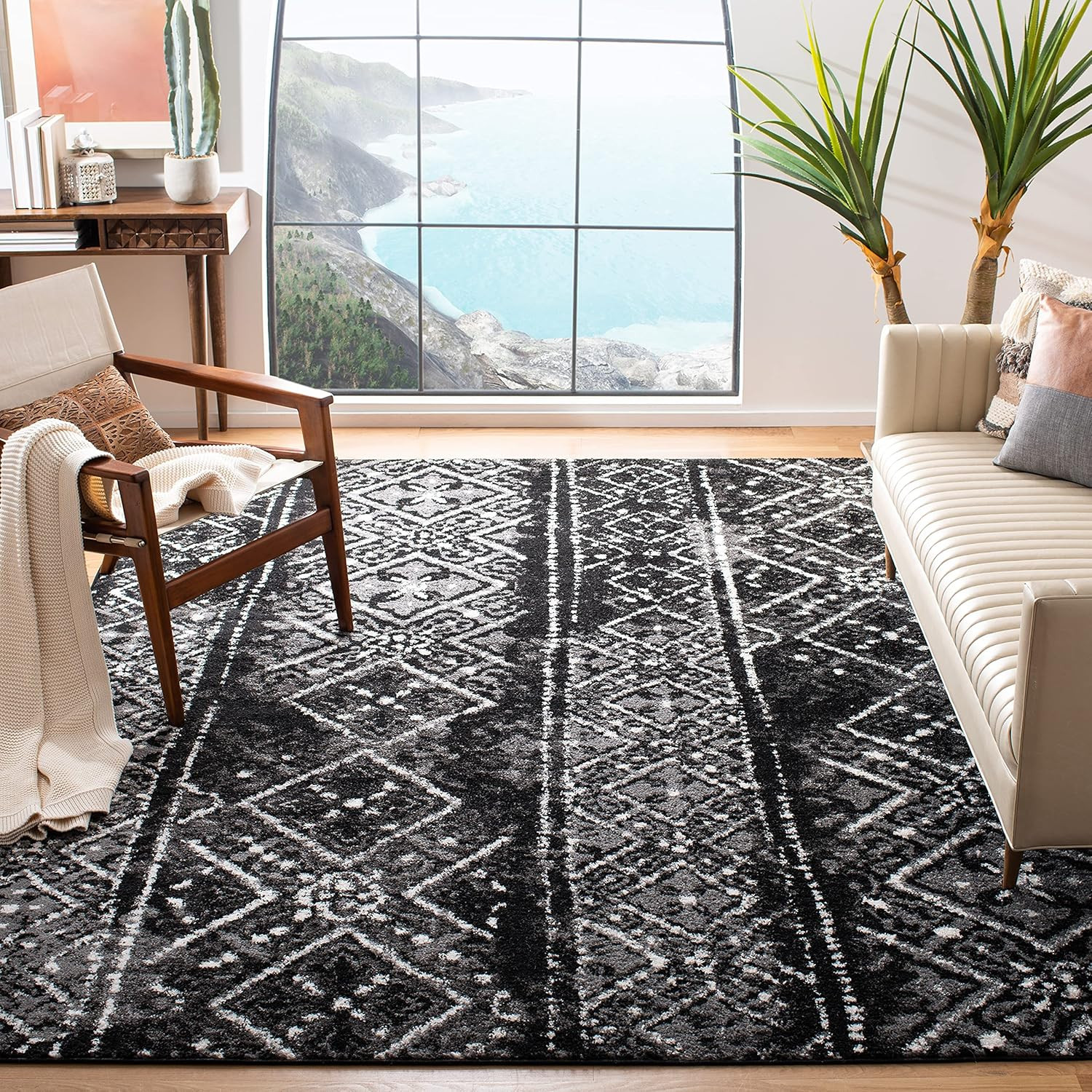 Moroccan Boho Area Rug 9′ x 12′ – Black & Silver, Non-Shedding, Easy Care