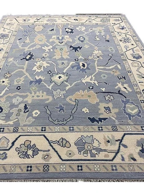 Hand Knotted Oushak Wool Rug Gray Blue Turkish Area Rug 8×10 9×12
