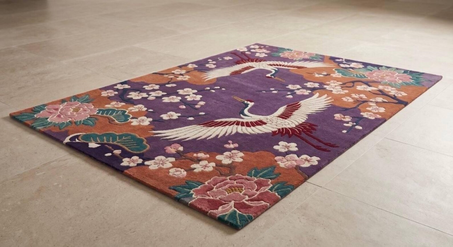 Hand-Tufted Wool Rug – Japanese Crane Cherry Blossom Art Décor Area Carpet Rug