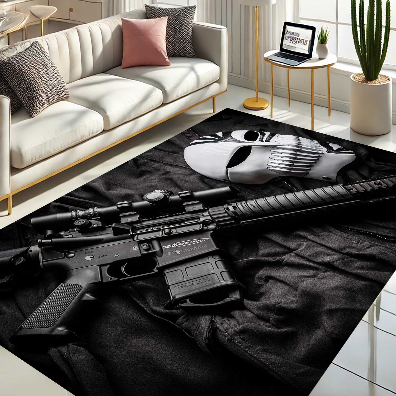 Gamer Rug, Tactical Decor, Dark Aesthetic Carpet, Skull Mask Rug, Military Theme