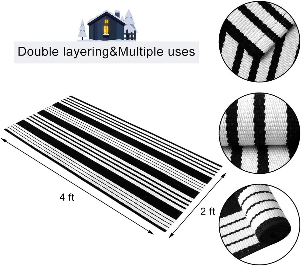 Cotton Black and White Striped Rug 2X4 Hand-Woven Indoor/Outdoor Area Rug Layere