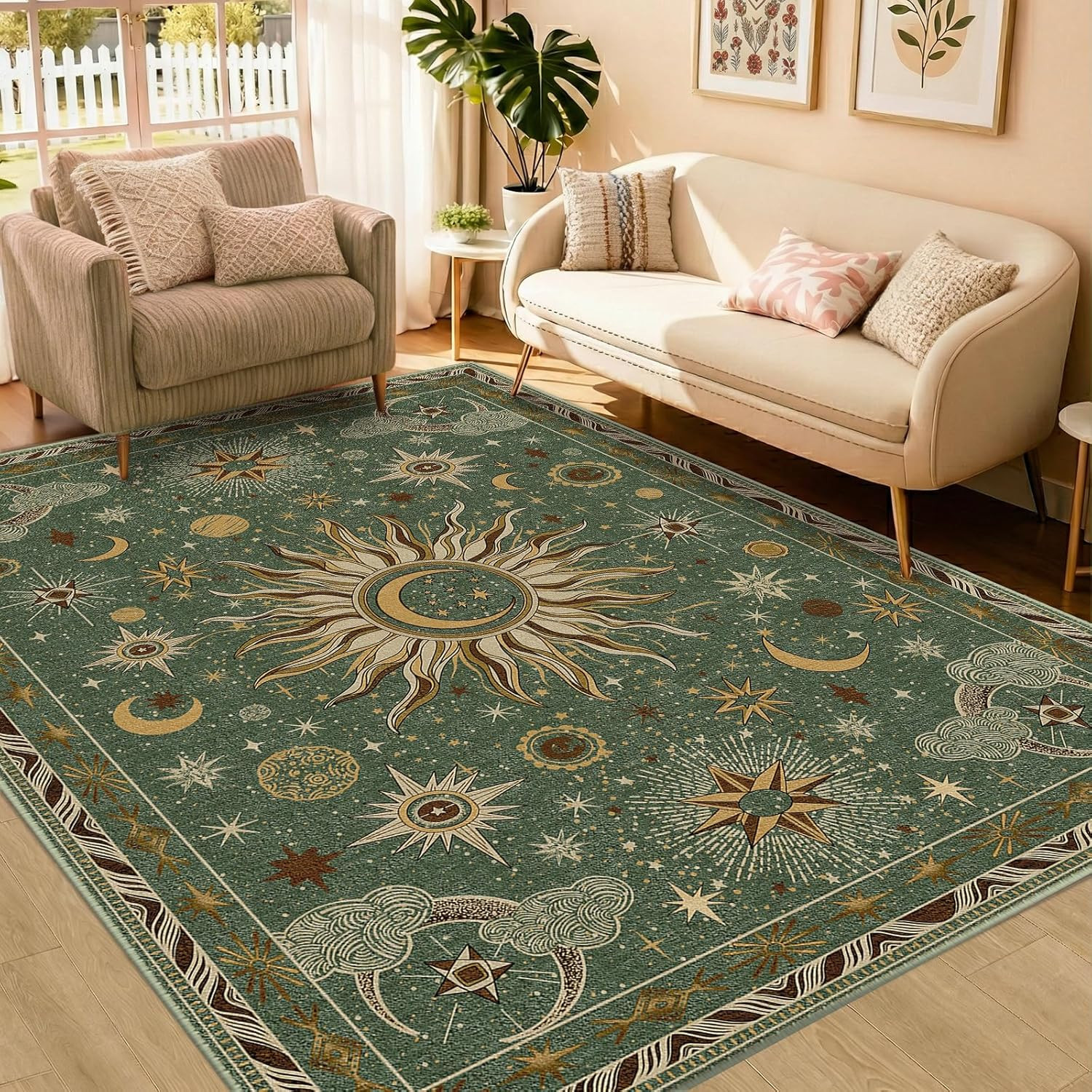5X7 Area Rugs, Washable Vacuum-Friendly Non-Slip Rug Vintage Boho Gothic Sun and