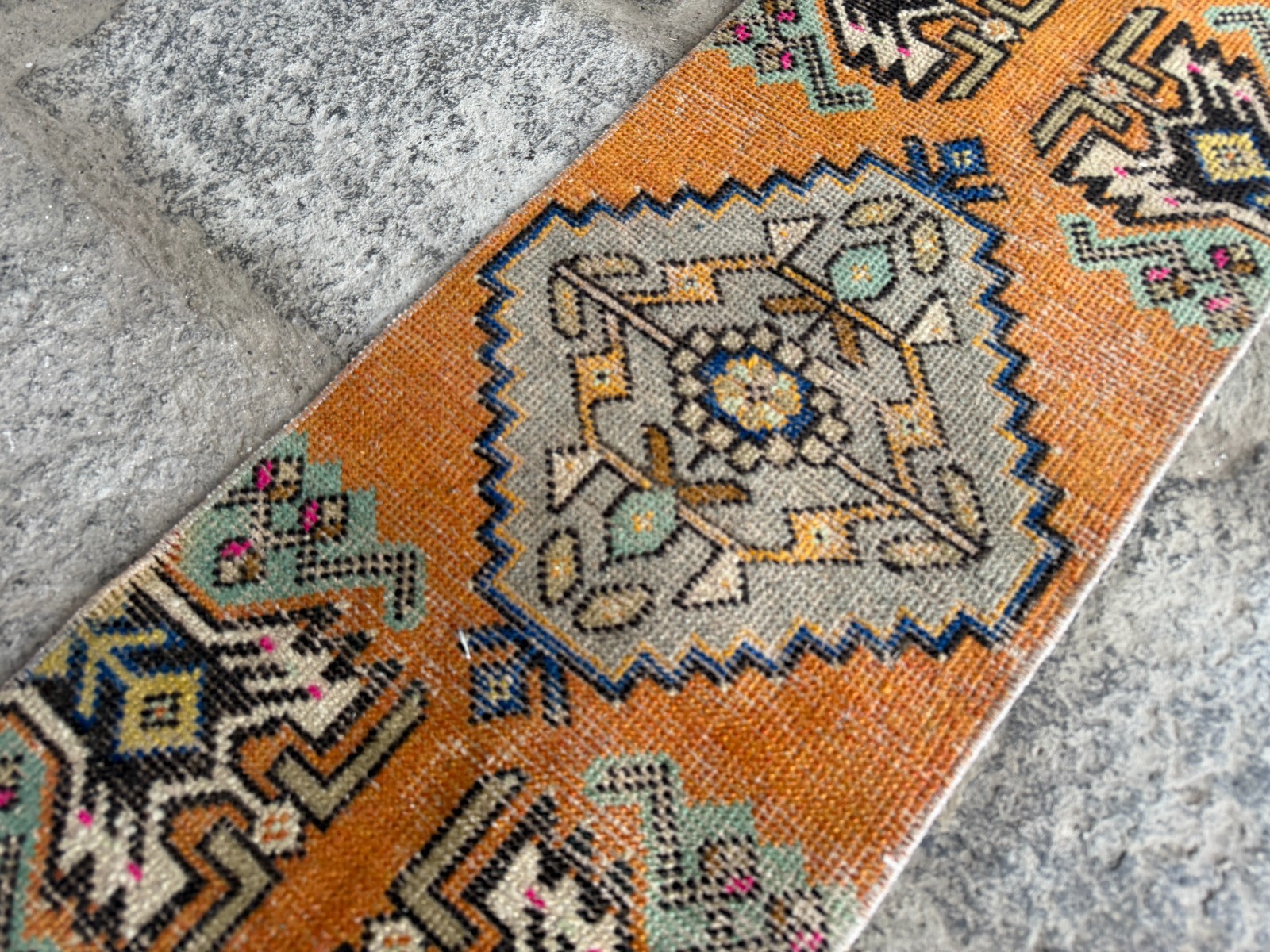 Vintage Oushak Rug 1.2×3.1 ft Burnt Orange Grey Turkish Small Accent Rug
