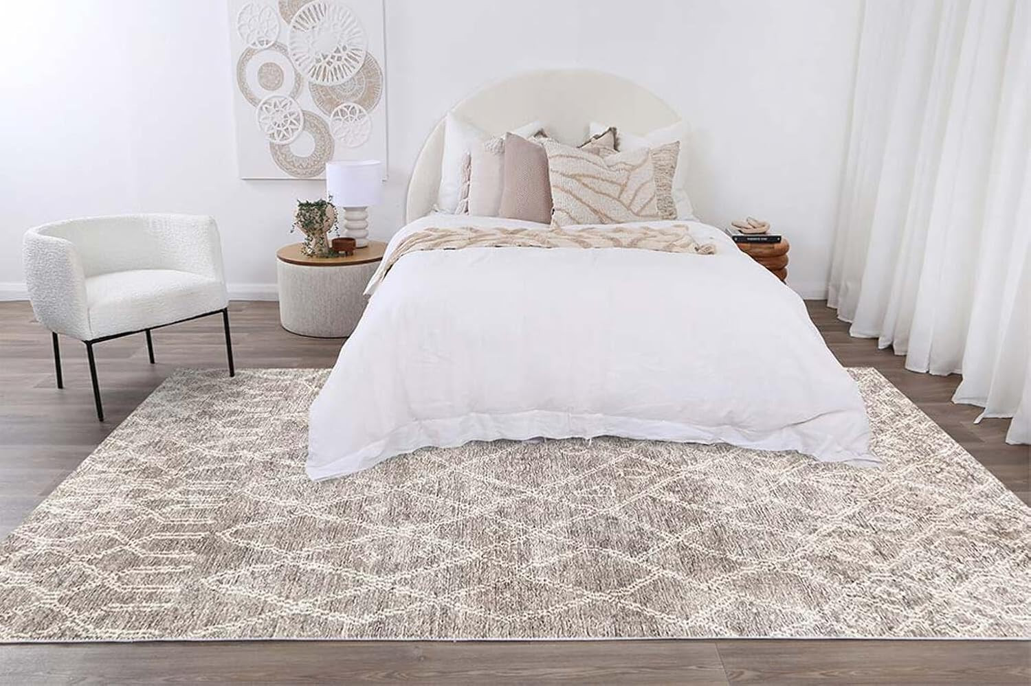 Nordic Nahla Beige Rug Wipe Clean Machine Washable Pet Friendly Rug Bedroom Rug,