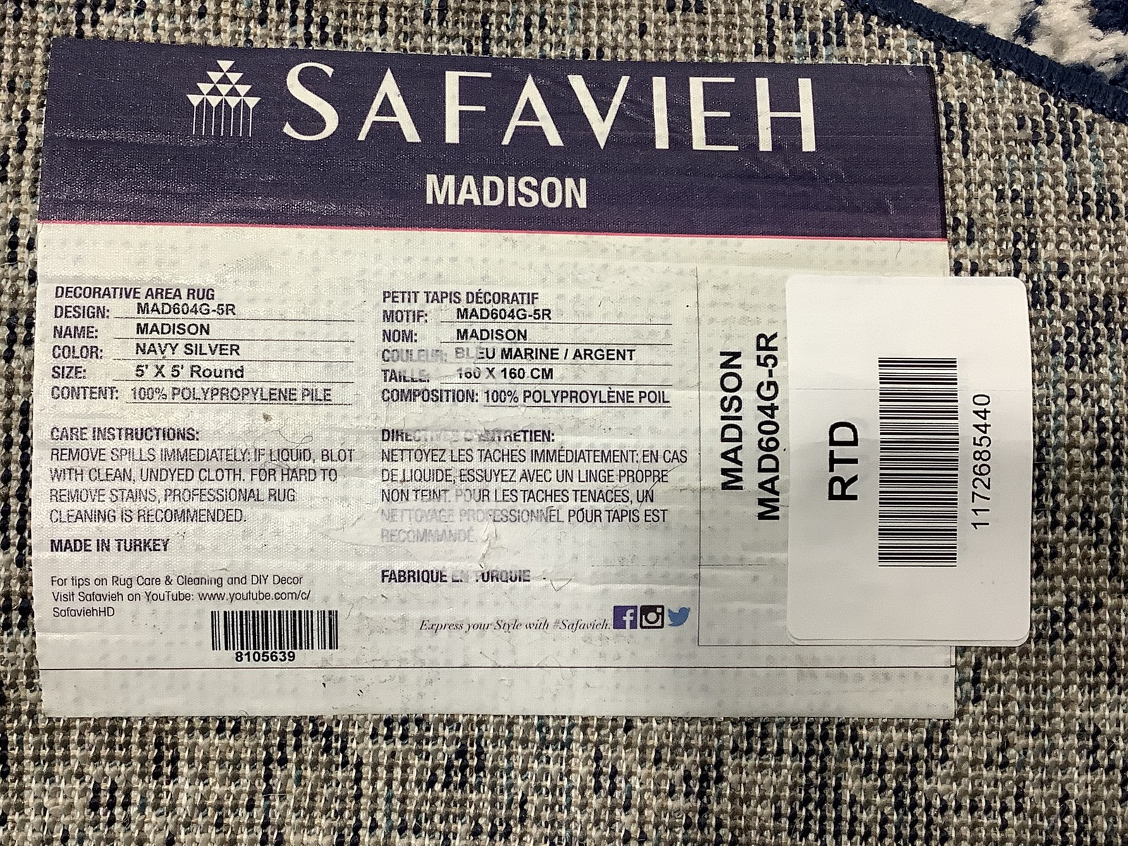 NAVY / SILVER 5′-3″ x 5′-3″ Flaw in Rug, Reduced Price 1172685440 MAD604G-5R