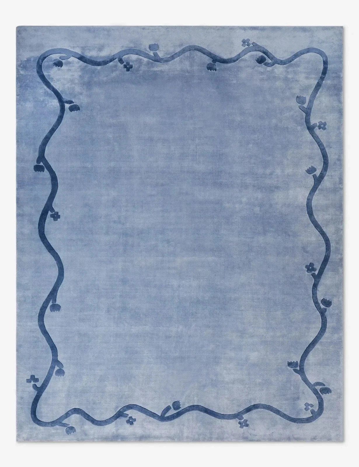 Handmade Blue Wool Area Rug | Modern Wavy Border Hand Tufted Carpet.