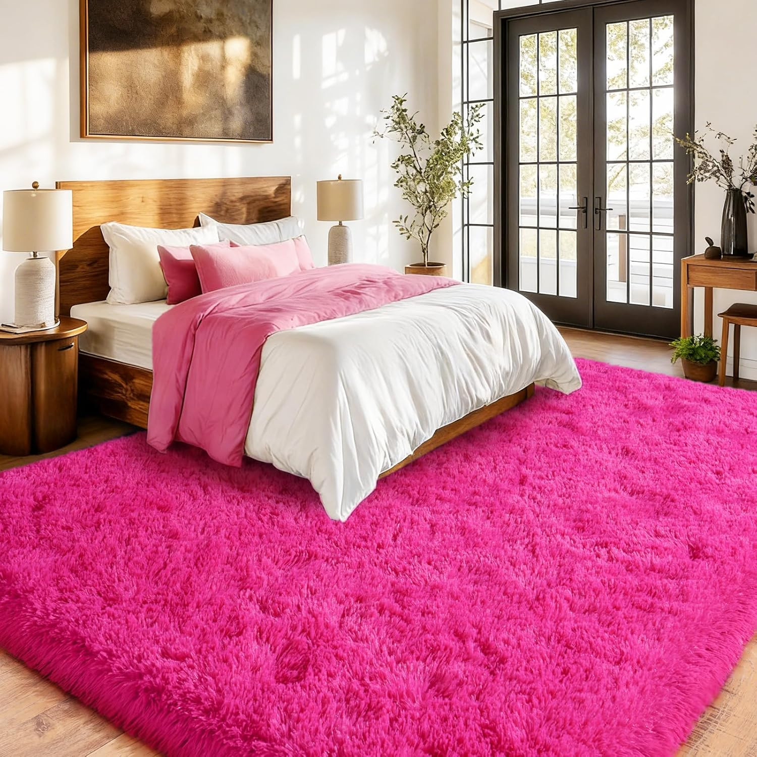 Large Fuzzy Rug 8X10 Feet Hot Pink Fluffy Rug for Living Room, Big Plush Non-Ski