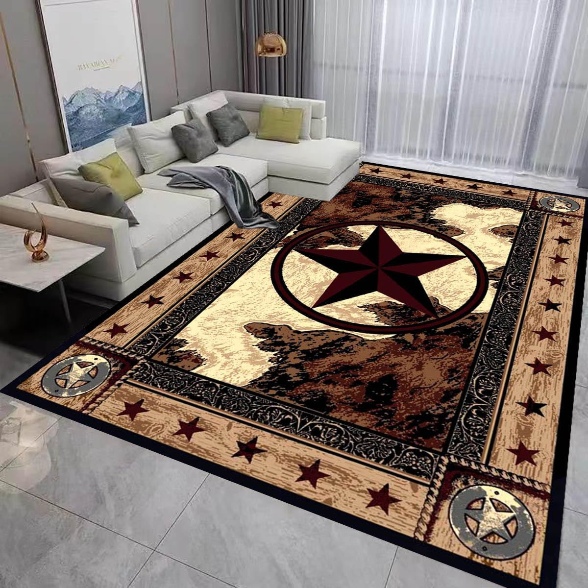 Rustic Texas Star Area Rug Non-Slip 5’X7′ for Living Room & Bedroom