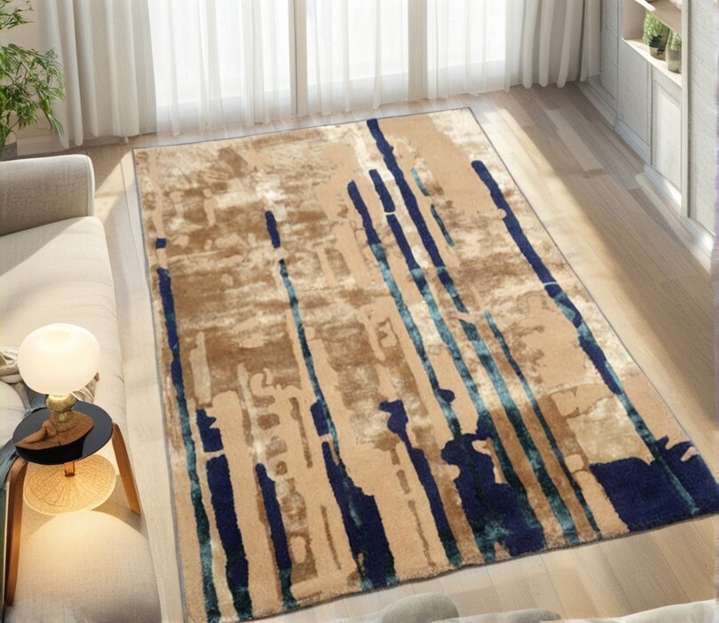 Blue and Beige Hand Tufted Mercurial Rug, Handmade Wool Area Rug Home Decor
