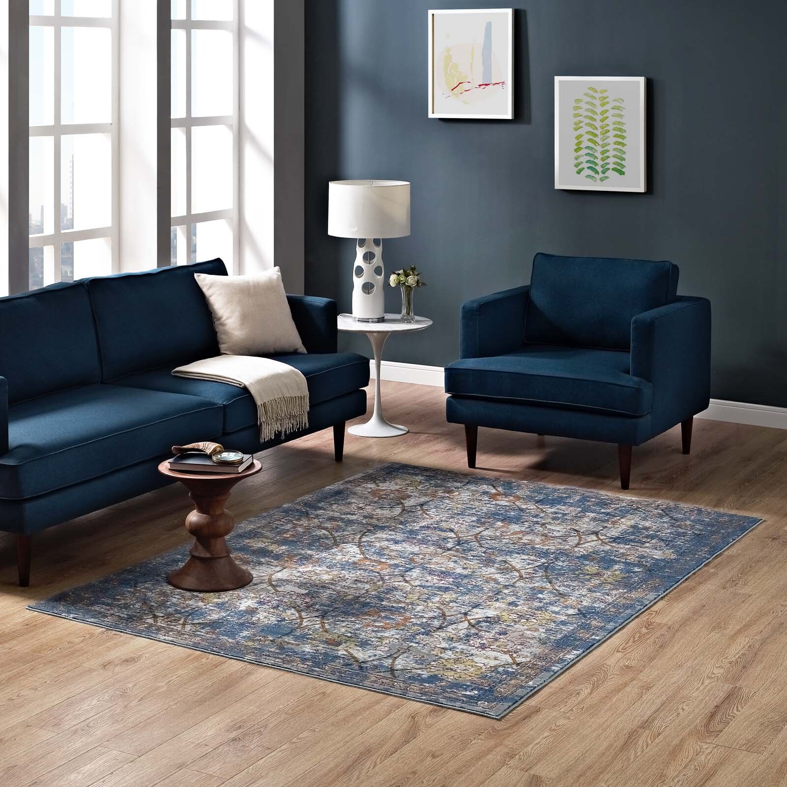 Modway Distressed Floral Lattice 5×8 Area Rug in Blue Gray, Yellow and Orange