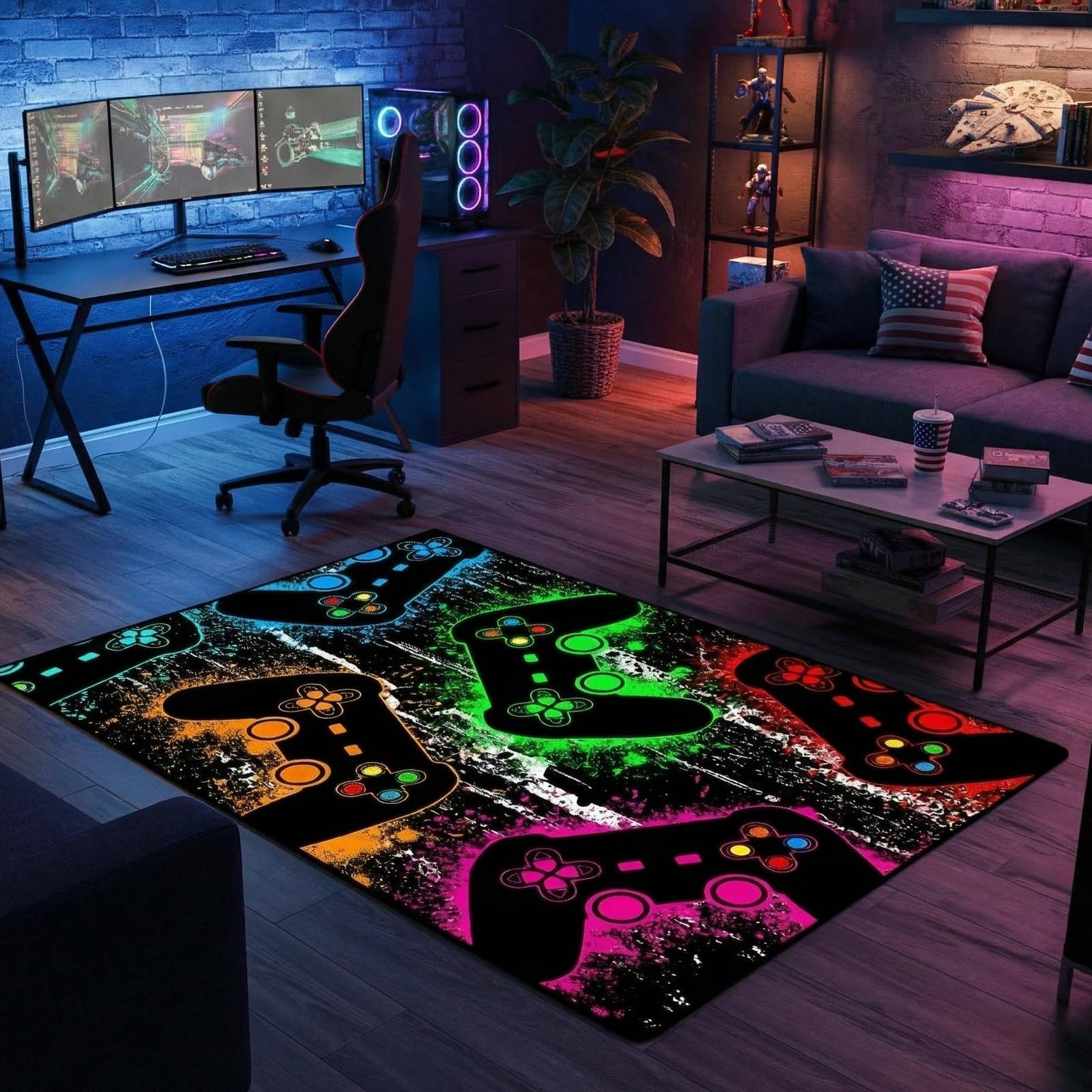 Gamer Area Rug Green Hand Drawn Gamepad Planet Stars Floor Carpet 2×3 FT
