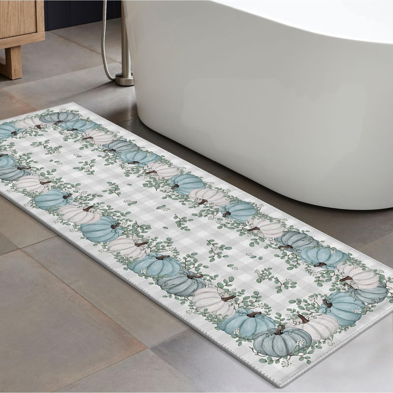 Blue Pumpkins Eucalyptus Leaves Fall Area Rug 2×6 Feet – Autumn Home Decor