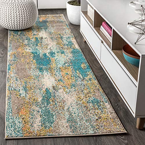 Modern Abstract Vintage Waterfall Blue/Brown/Orange Runner Rug, 2×8,