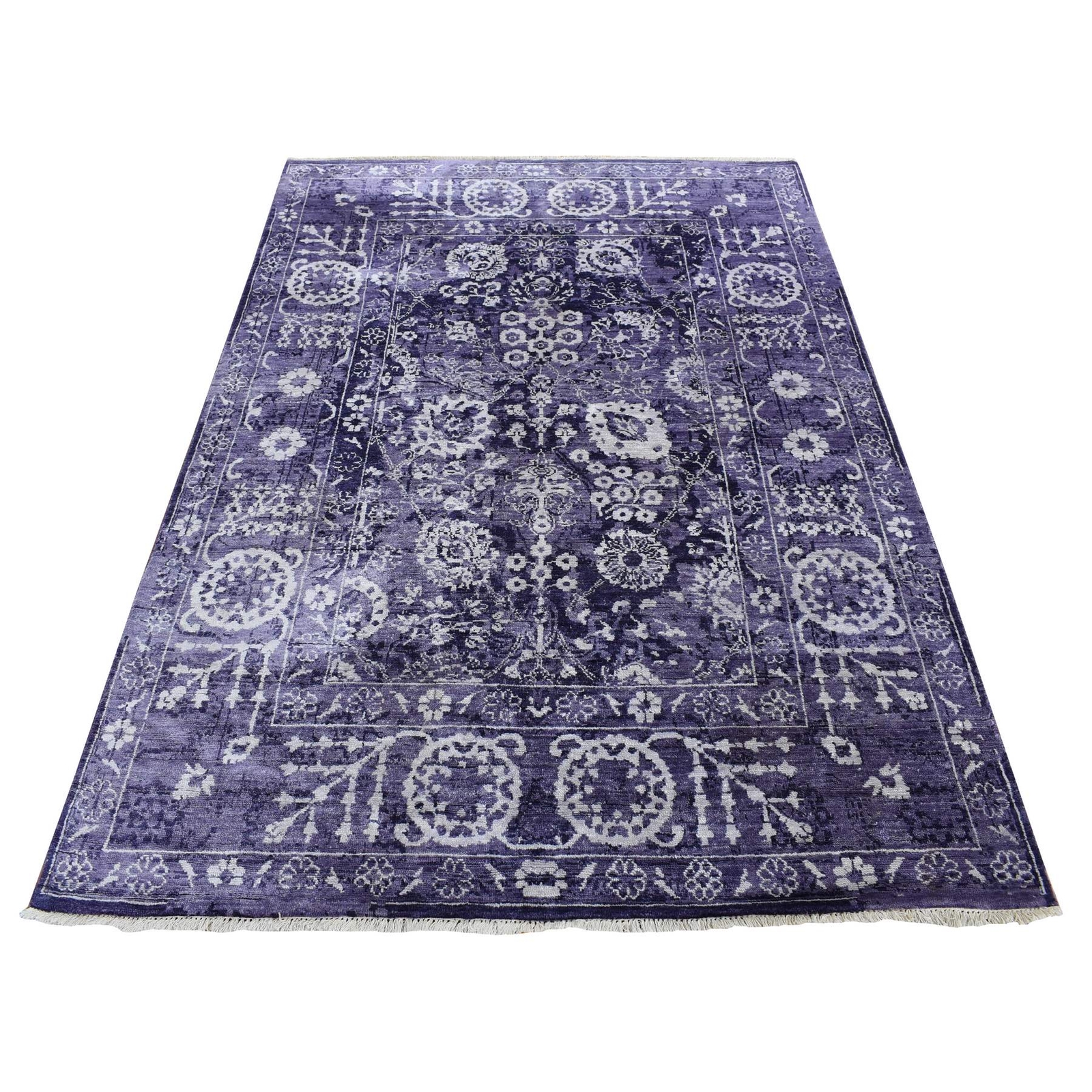 4’10” x 6’8″ Purple Transitional Tebraz Wool and Silk Hand Knotted Rug R80908