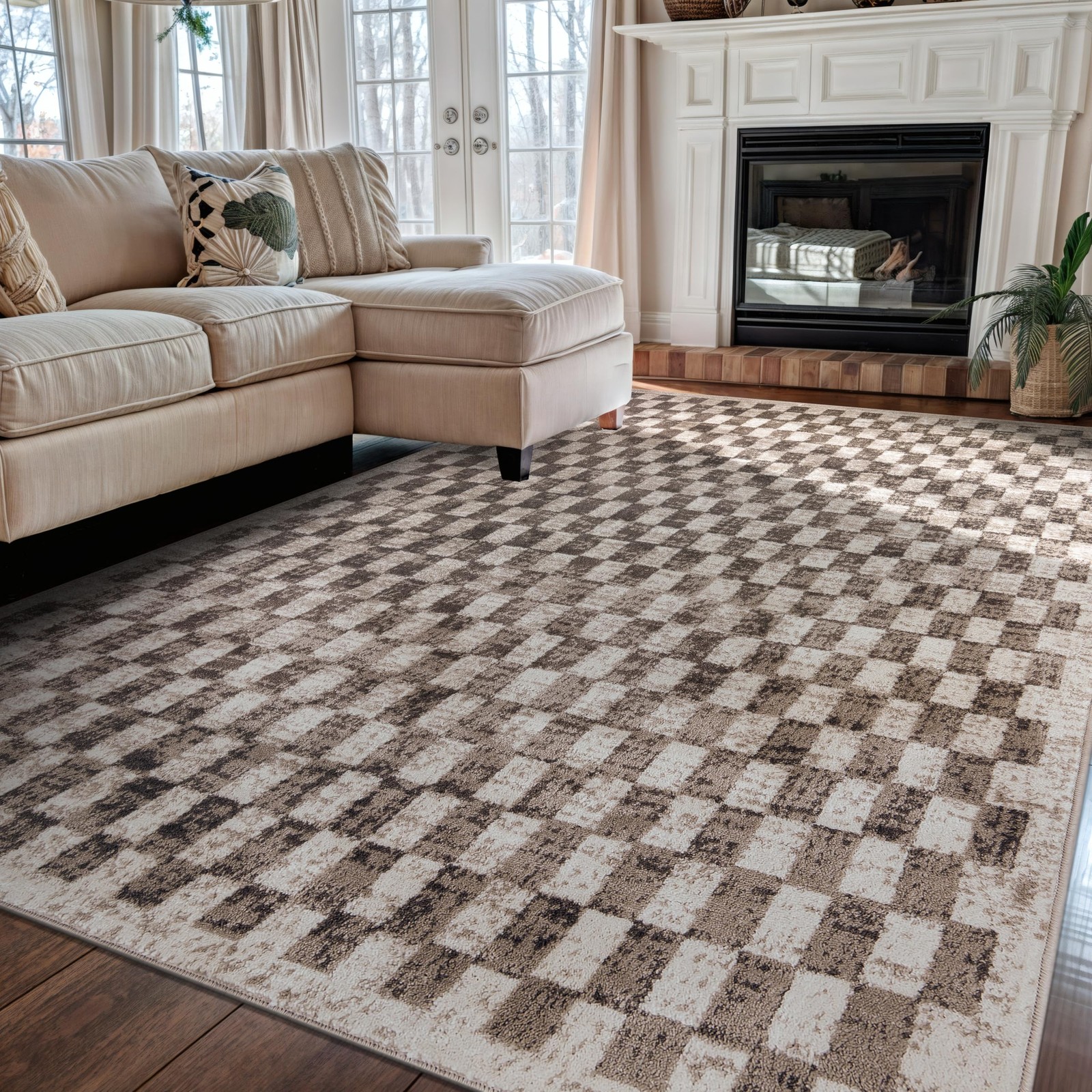 Beige Checkered Area Rug – Textured Grid Pattern Carpet for Living Room, Bedr…