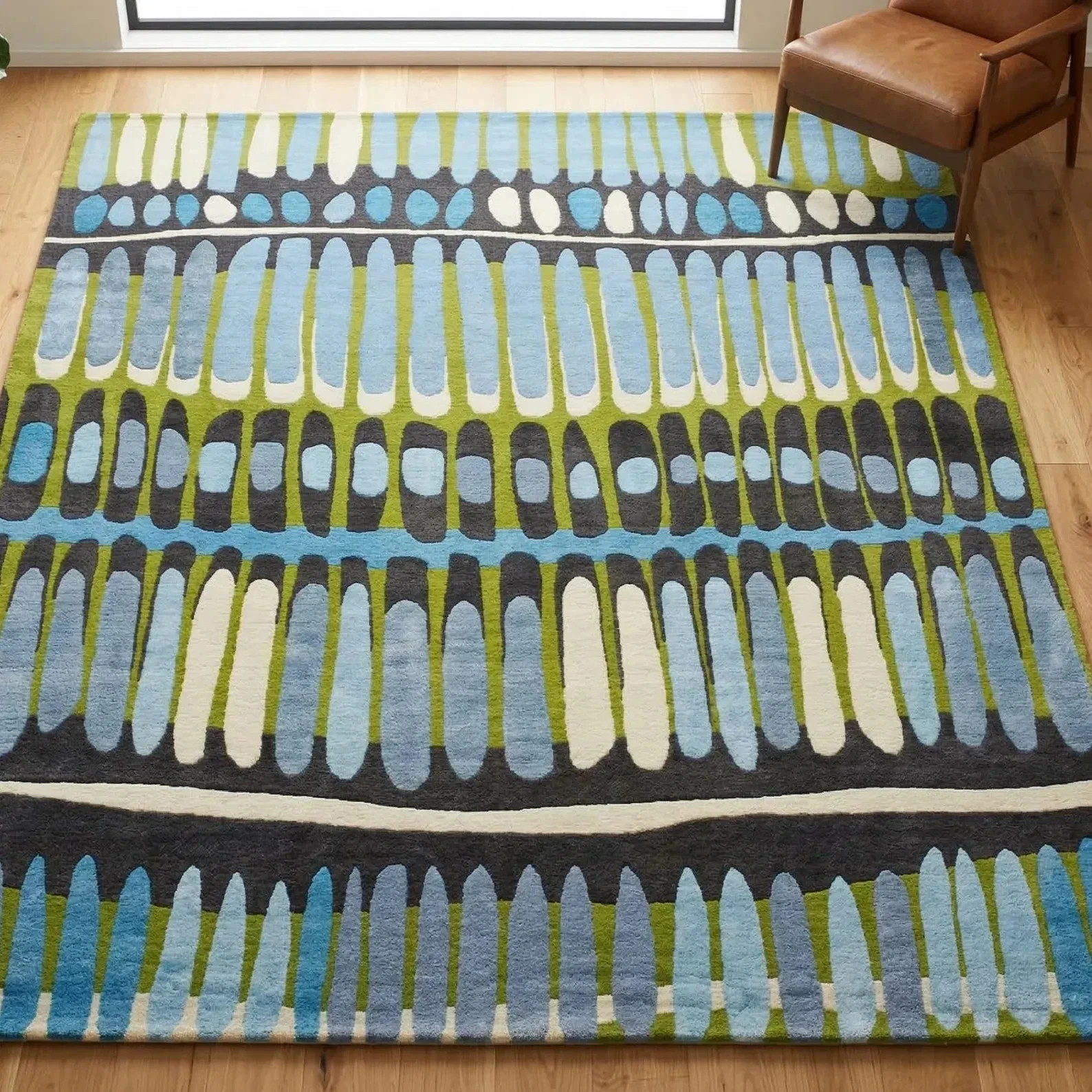 Rowen Hand Tufted Rug – Blue Green Scandinavian Geometric Area Rug for home 6×9