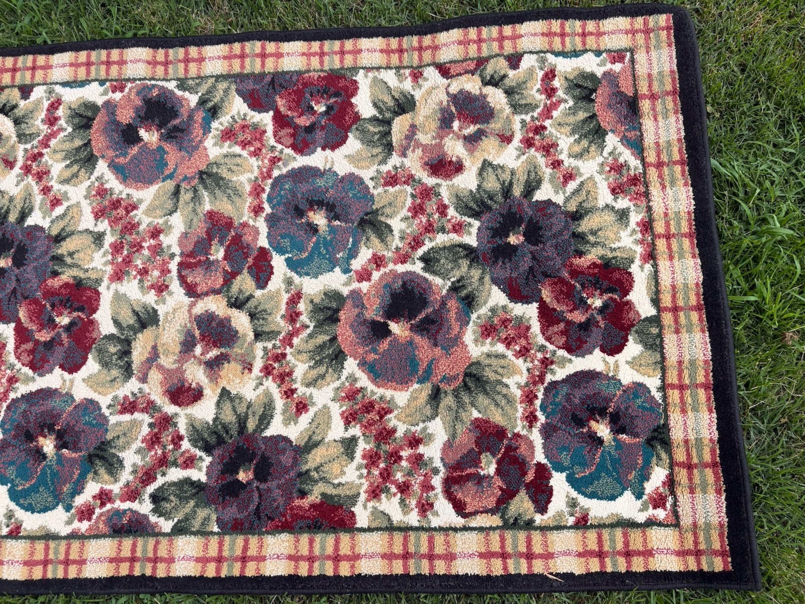 Floral Accent Area Rug Burgundy Teal Green Cream Plaid Border Cottage 55 x 38 In