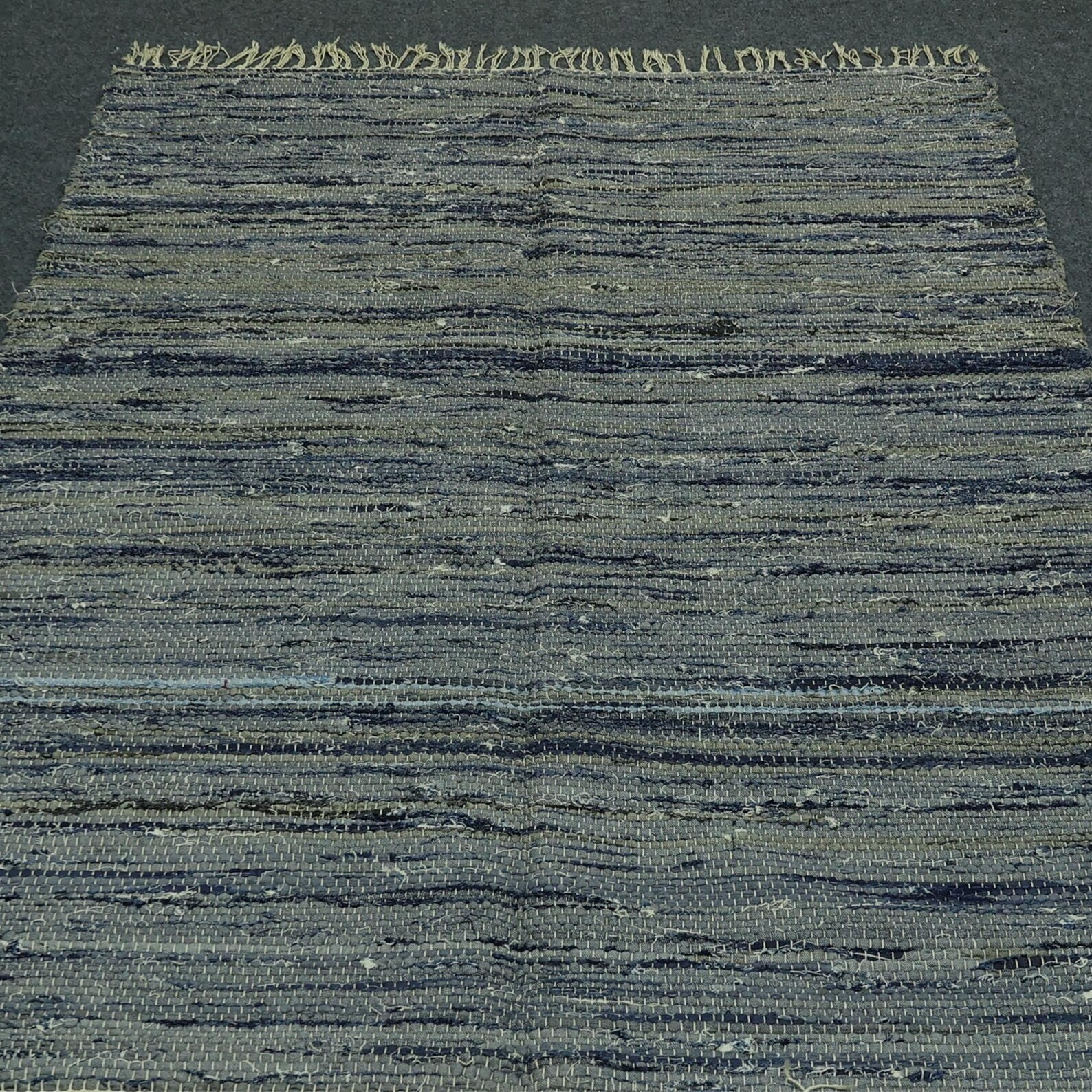 Hand Knotted Cotton Moroccan Rug Color dark blue, green, and gray. Design Carpet