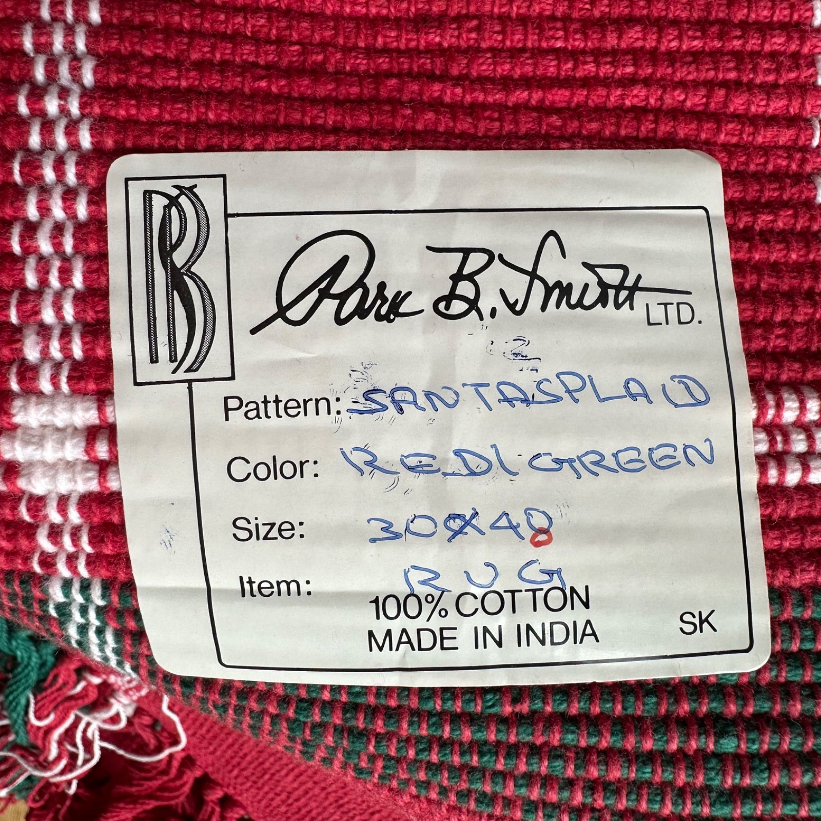 3 Park B Smith Rug 30×48 Handwoven 100% Cotton Red Green Santa’s Plaid Christmas