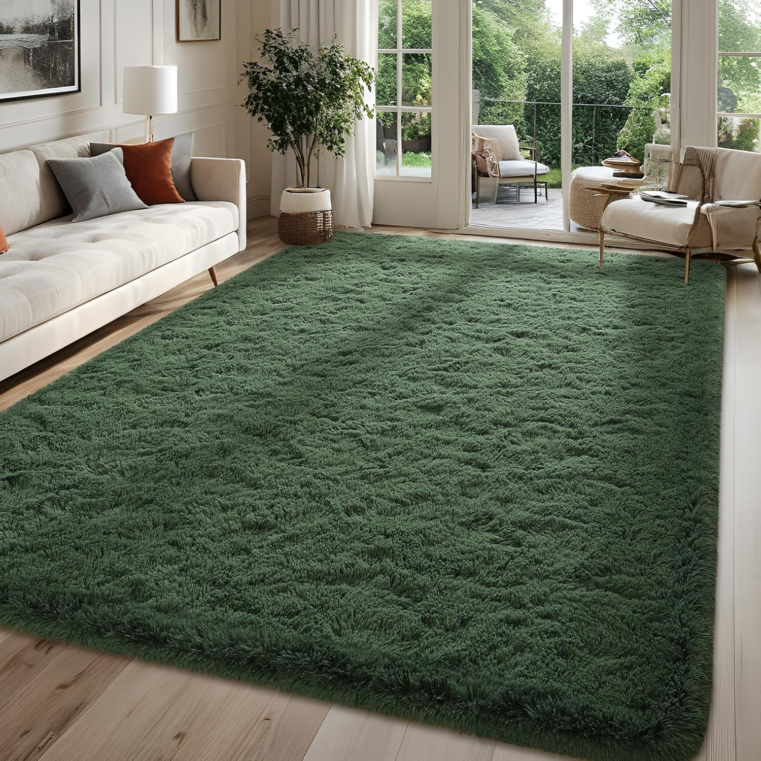 Alfombras mullidas de color verde oscuro para dormitorio, alfombra de 1,2 x 1,8