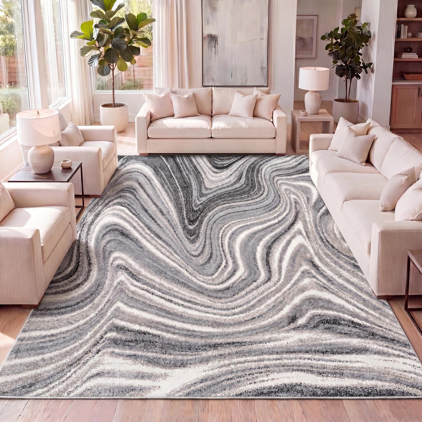 Eleni Abstract Marble Charcoal/Cream Indoor Area Rug 8×10, Contemporary,Glam,…