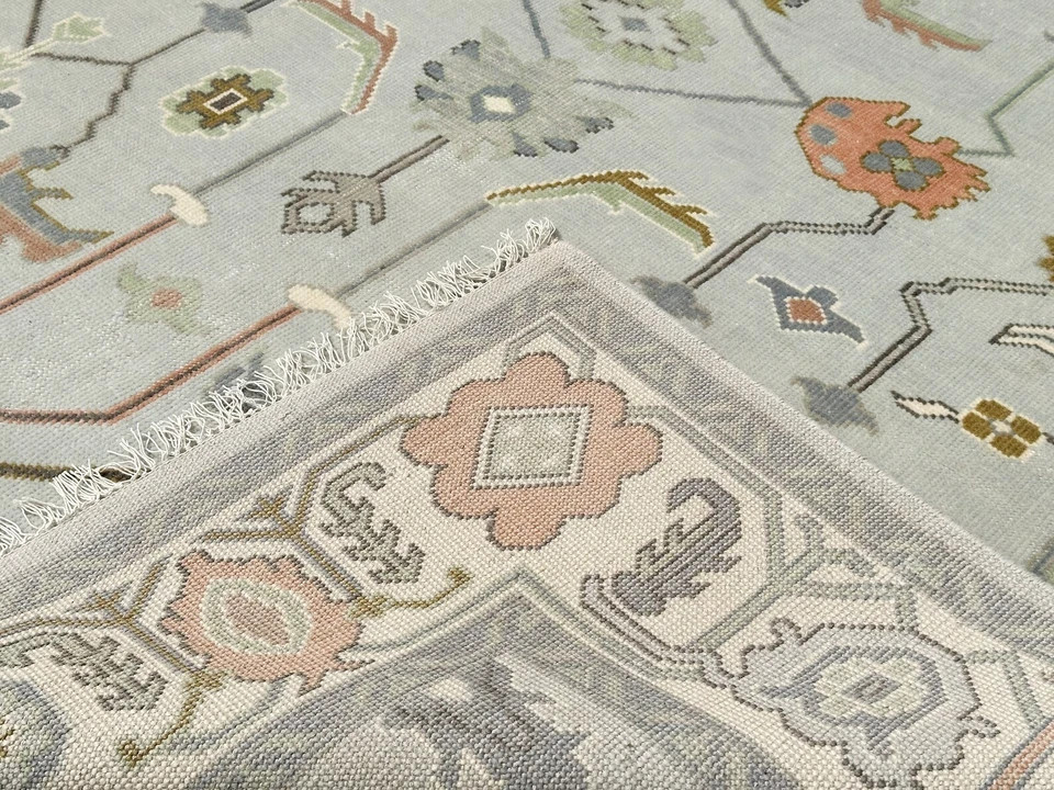 Hand Knotted Oushak Rug Gray Wool Area Rug Turkish Vintage Carpet