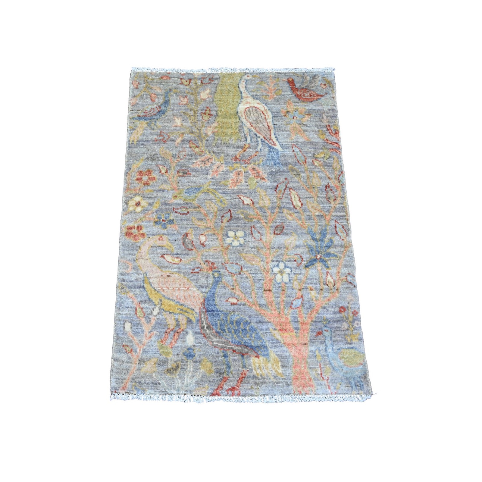 2’1″x3’2″ Blue Afghan Peshawar Birds Design Hand Knotted All Wool Mat Rug R20048
