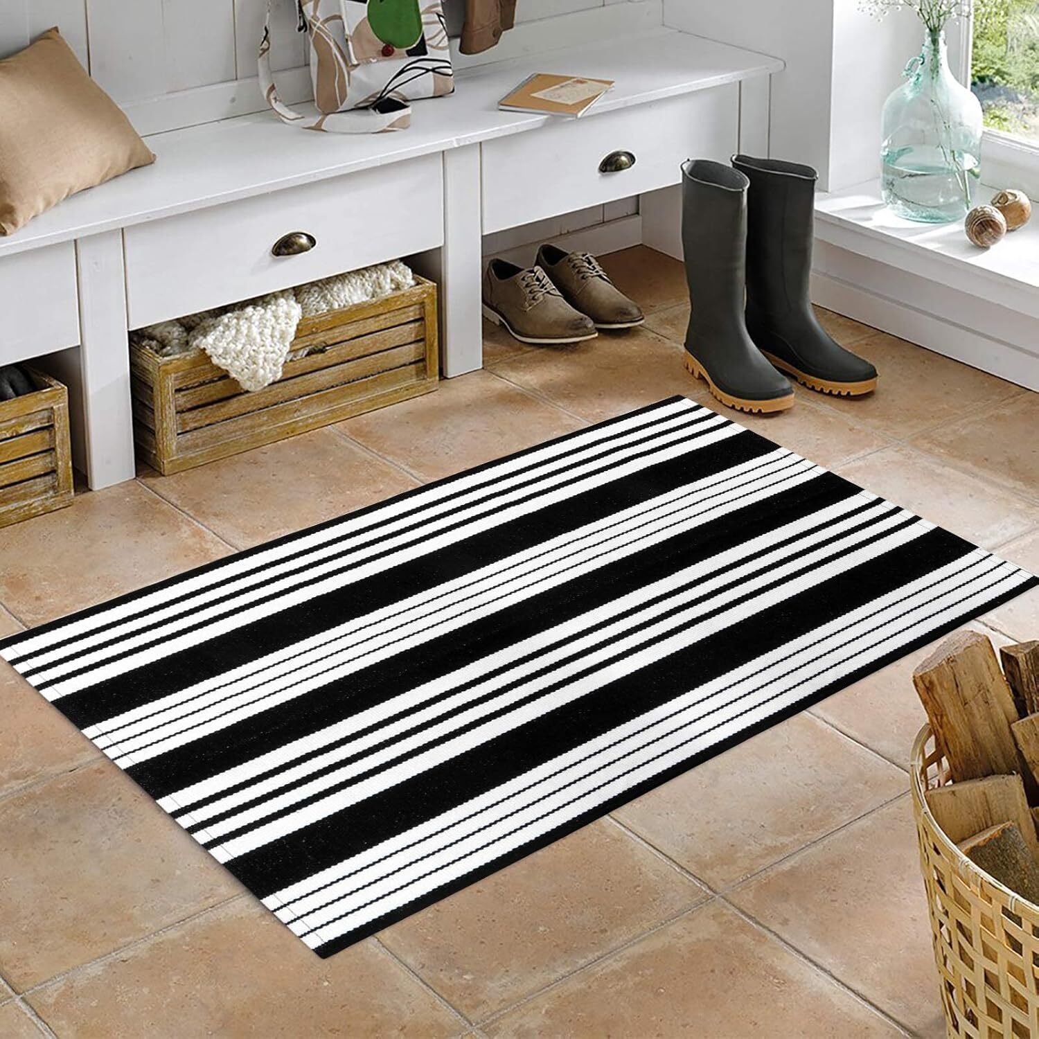 Cotton Black and White Striped Rug 2X4 Hand-Woven Indoor/Outdoor Area Rug Layere