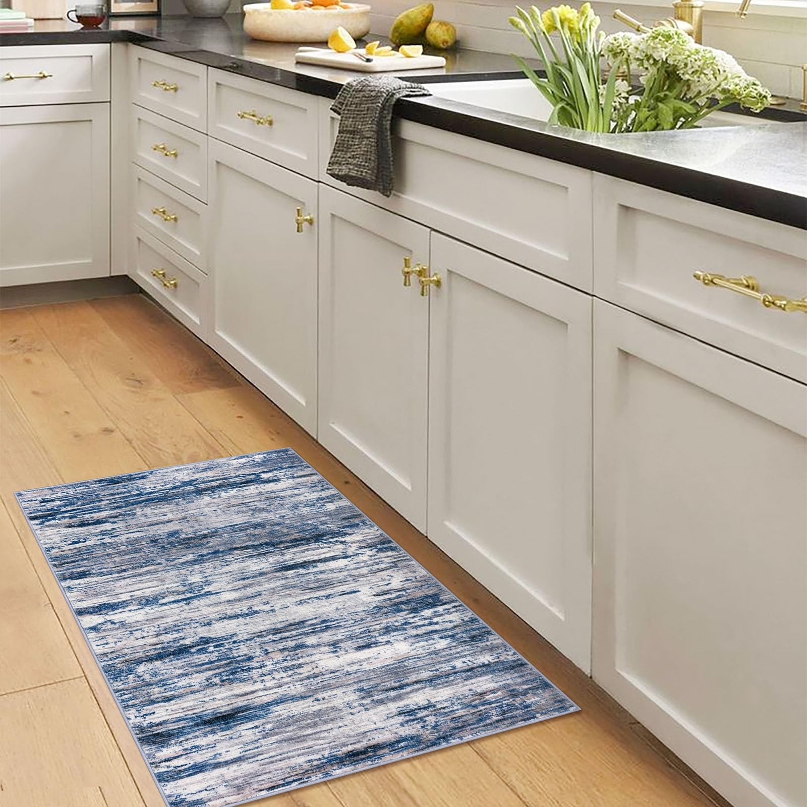 2×3 Modern Abstract Rug Entryway Navy Blue Gray Neutral Multi Washable Non-Slip