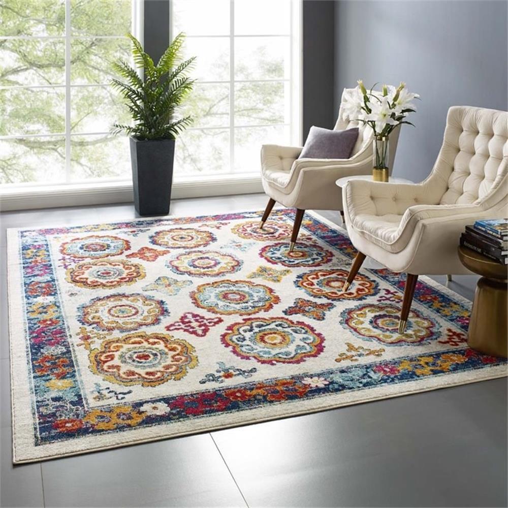 Modway Entourage 94.5×122″ Odile Floral Moroccan Trellis Area Rug in Ivory/Red