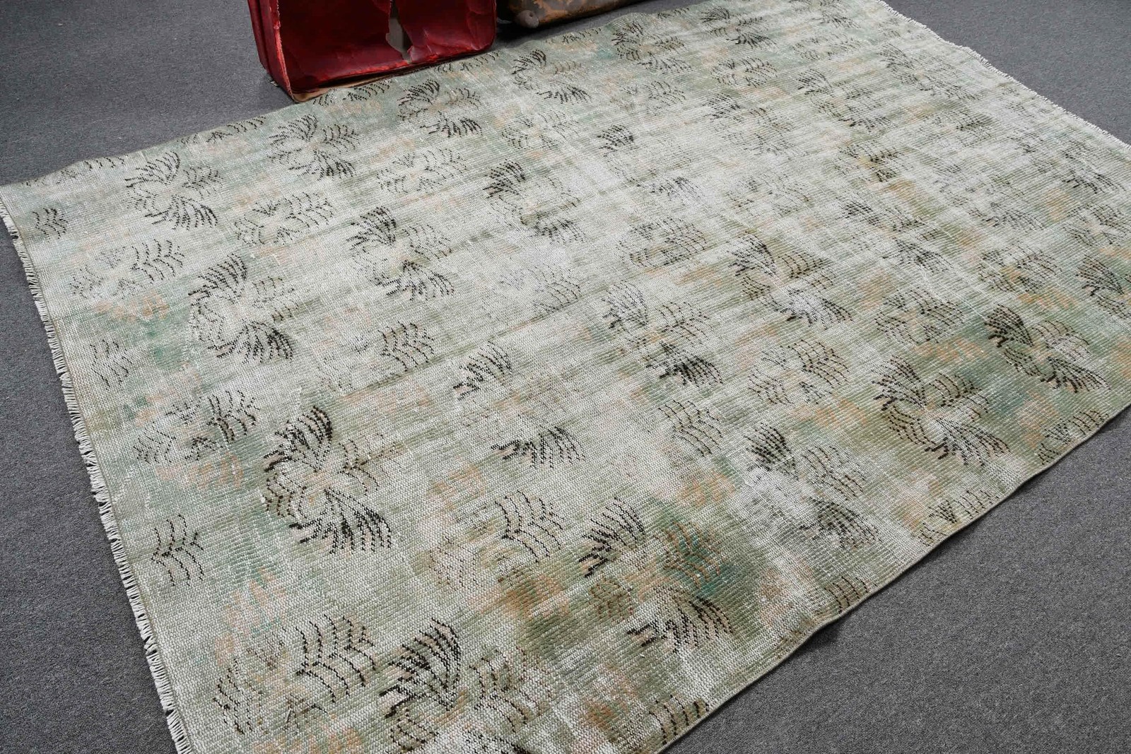 Turkish Vintage Large Rug 6,1×8,9 ft, Green Wool Rug