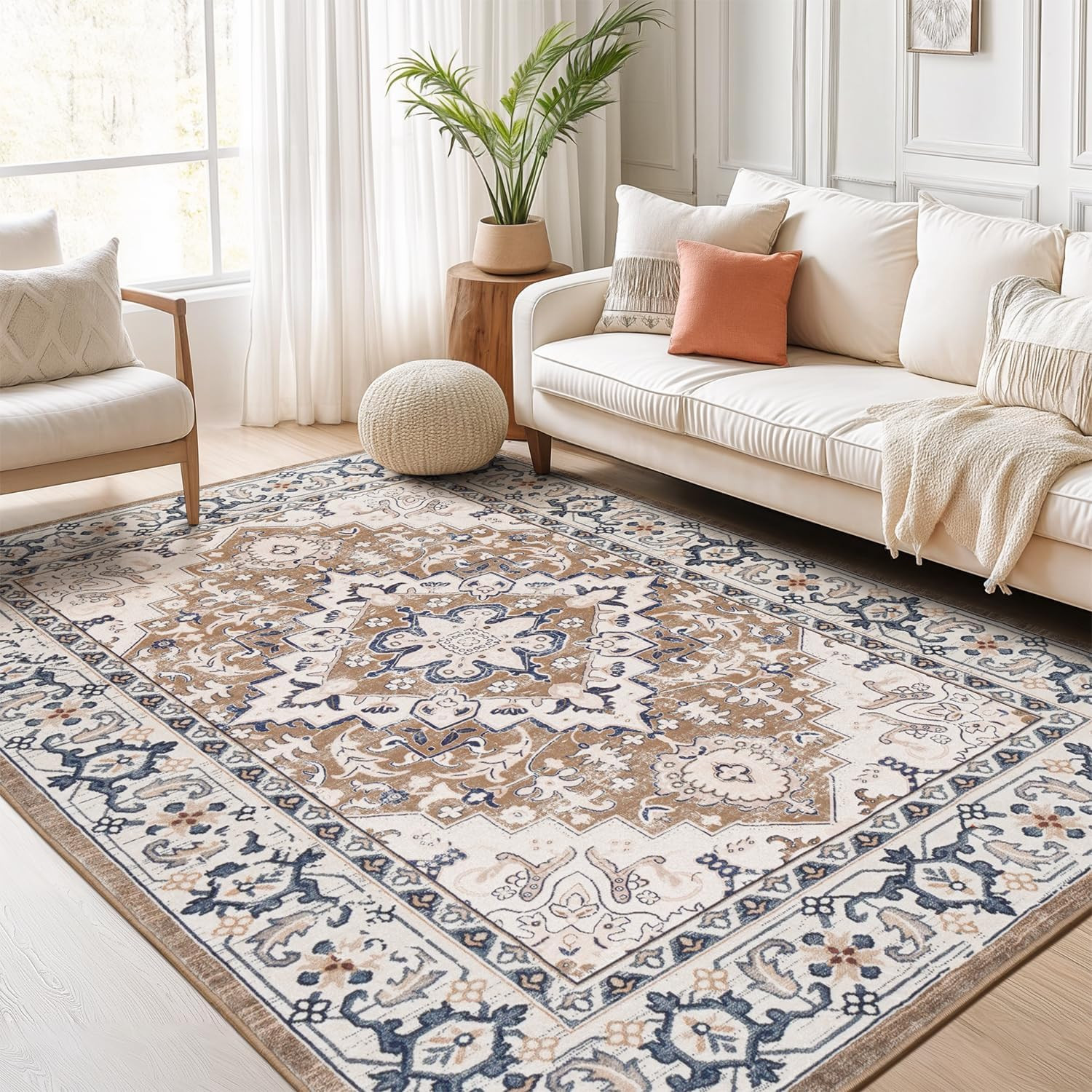 5X7 Area Rugs for Living Room Bedroo Soft Boho Carpet Floral Brown | High Power