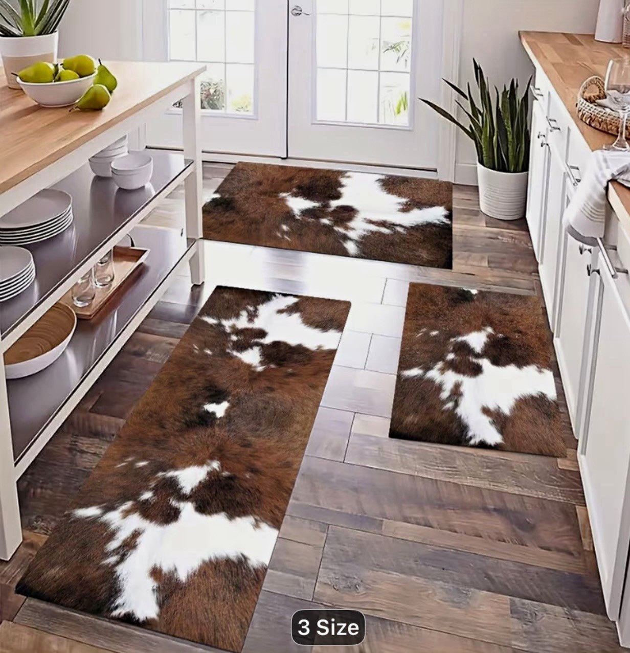 Cow Print Patterned Rug Set, Brown/White, Runner & 2 Rectangle Rugs
