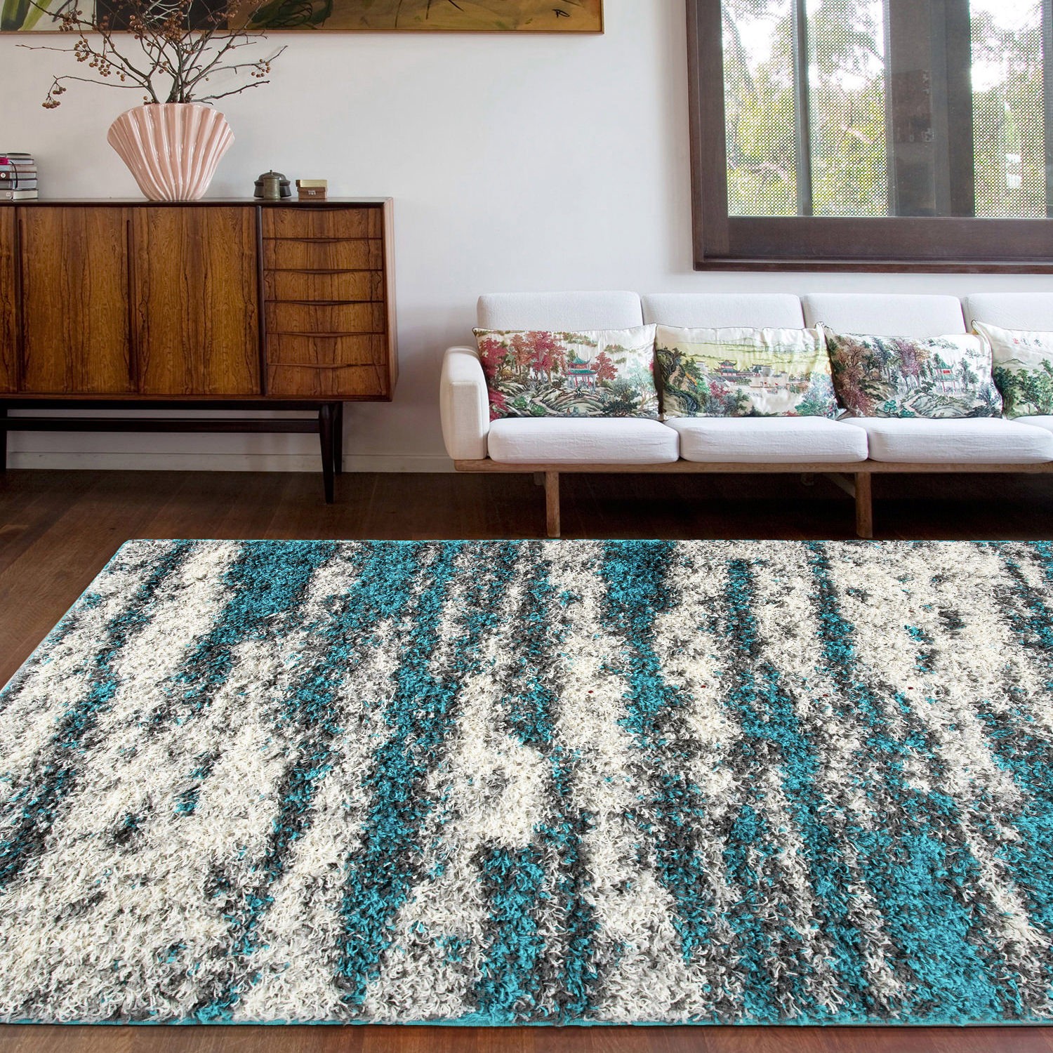 Rugshop Area Rug Modern Abstract Design Plush Shag Rugs Turquoise Rug 5×7 Carpet