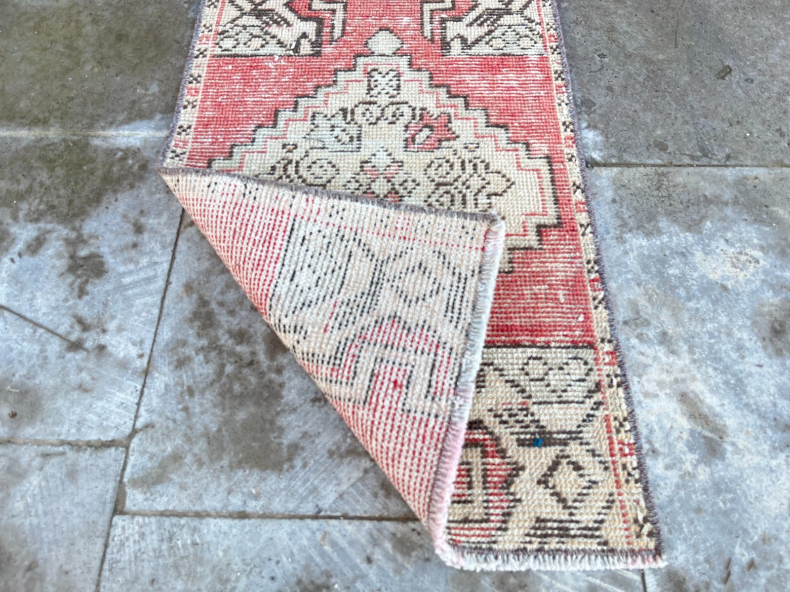Vintage Turkish Rug 1.4×2.5 ft Hand-Knotted Wool Door Mat Boho Tribal Accent Rug