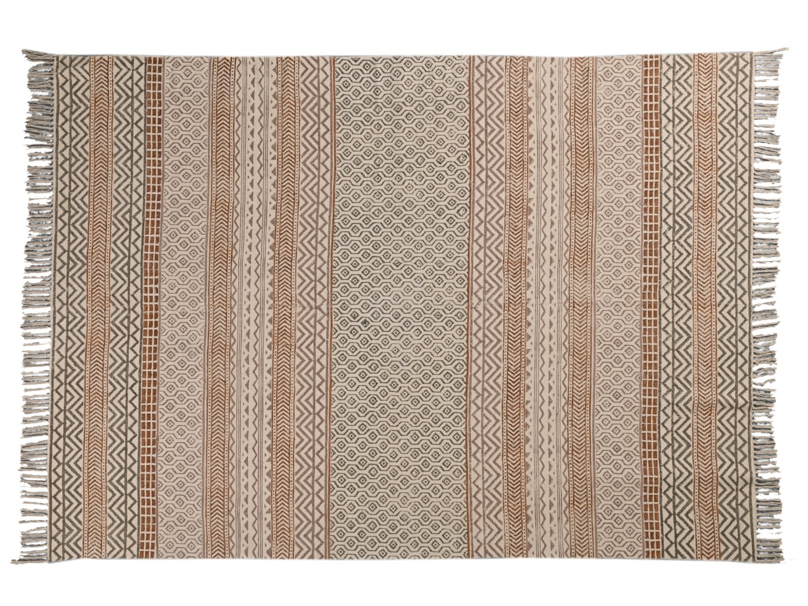Beige Brown Hand Block Print Cotton Area Rug Boho Farmhouse Carpet Fringe Rug