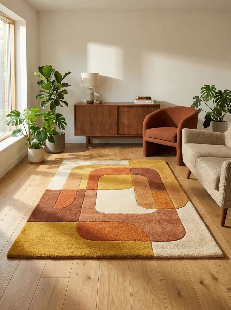 Hand Tufted Modern Abstract Wool Rug, Mid Century Geometric Area Rug, Terracotta