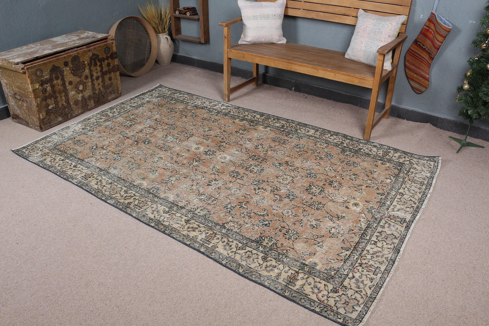 Turkish Rug, Area 4,9×8 ft Vintage Rug, Brown Polka dot Wool Rug