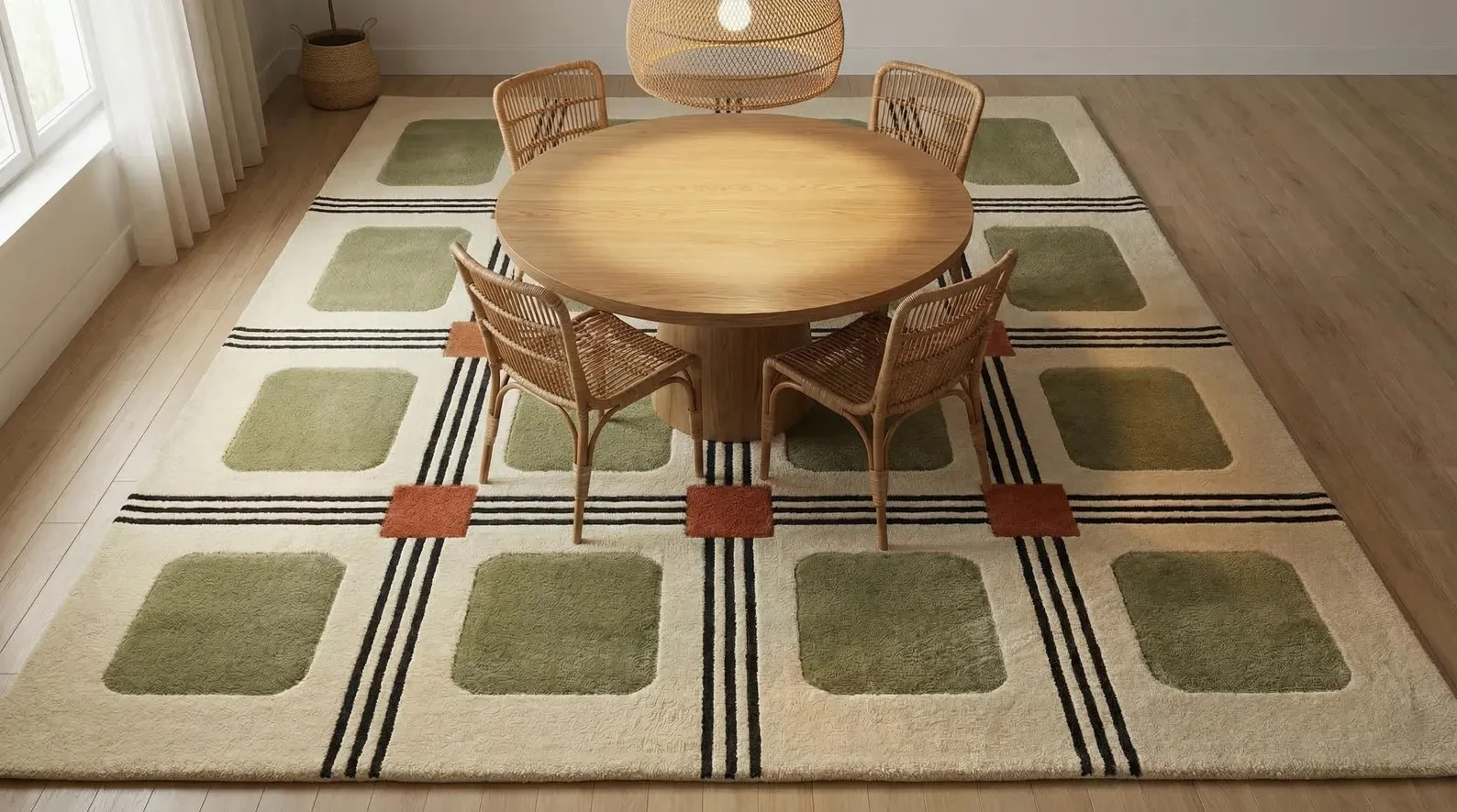 Hand Tufted Wool Rug Modern Geometric Grid Olive Green Rust Living Room Carpet