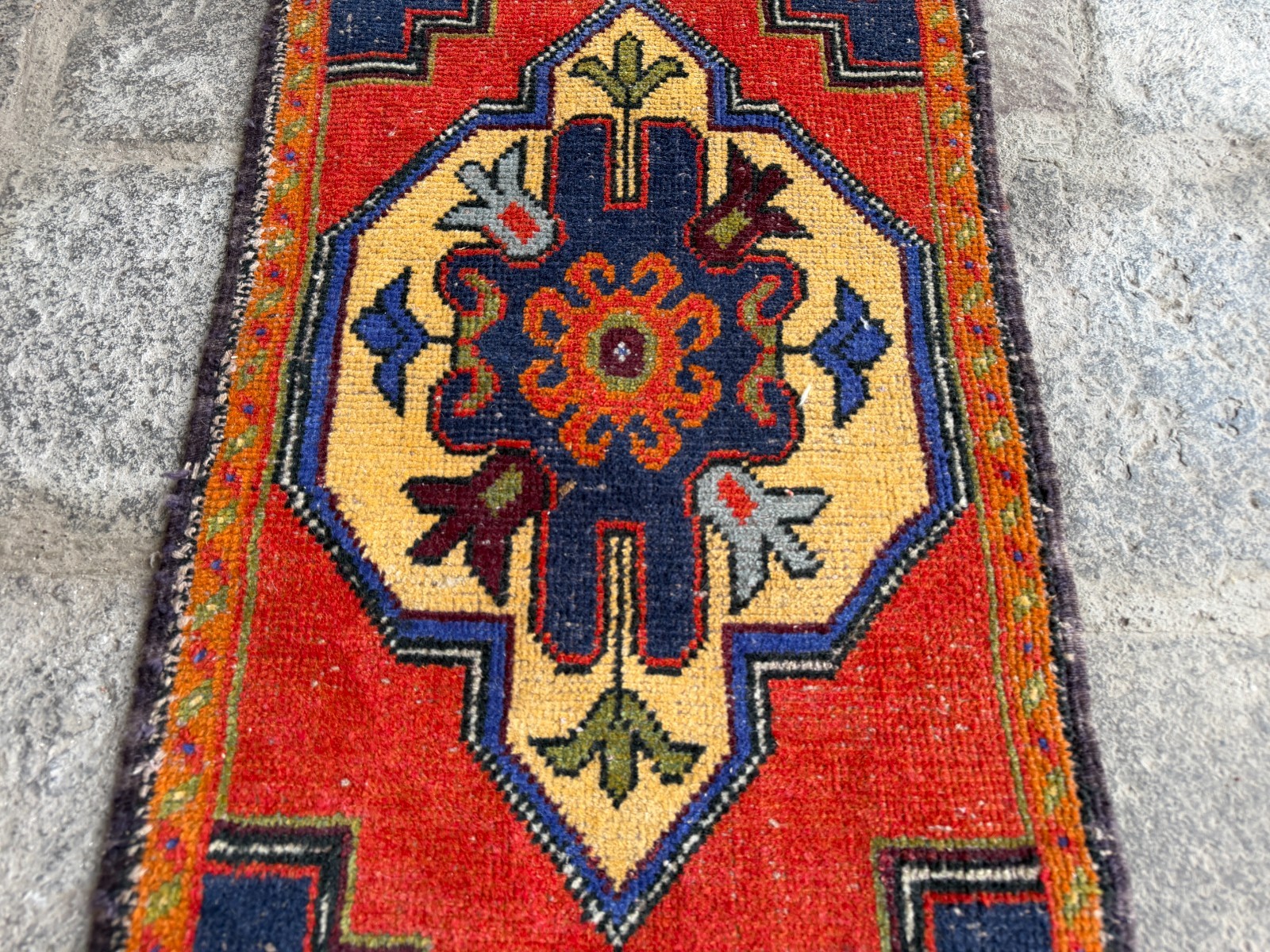 Vintage Turkish Oushak Rug 1.9×3.7 ft Red Navy Boho Hand Knotted Wool Rug