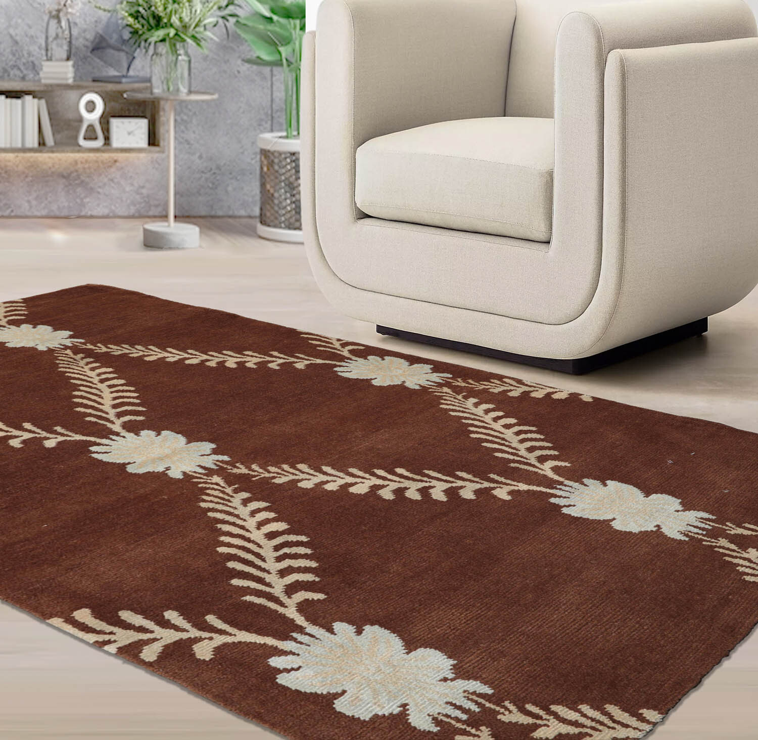 3’3”x 5’4″ Hand-Knotted Tibetan Terra Trellis Floral Wool & Silk Brown Are Rug