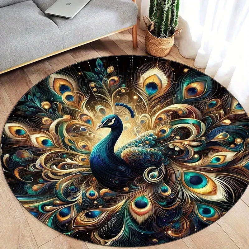 Round Peacock Feather Flannel Rug Non Slip Boho Area Carpet Home Decor