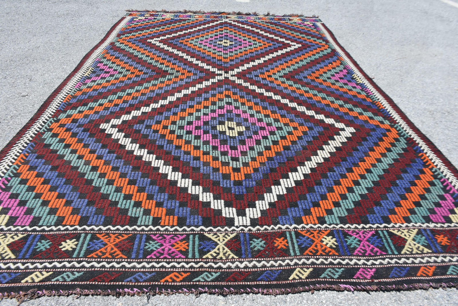Vintage Turkish Rug, Large 6×9,5 ft (183×290 cm) Rug, Blue Striped Wool Rug