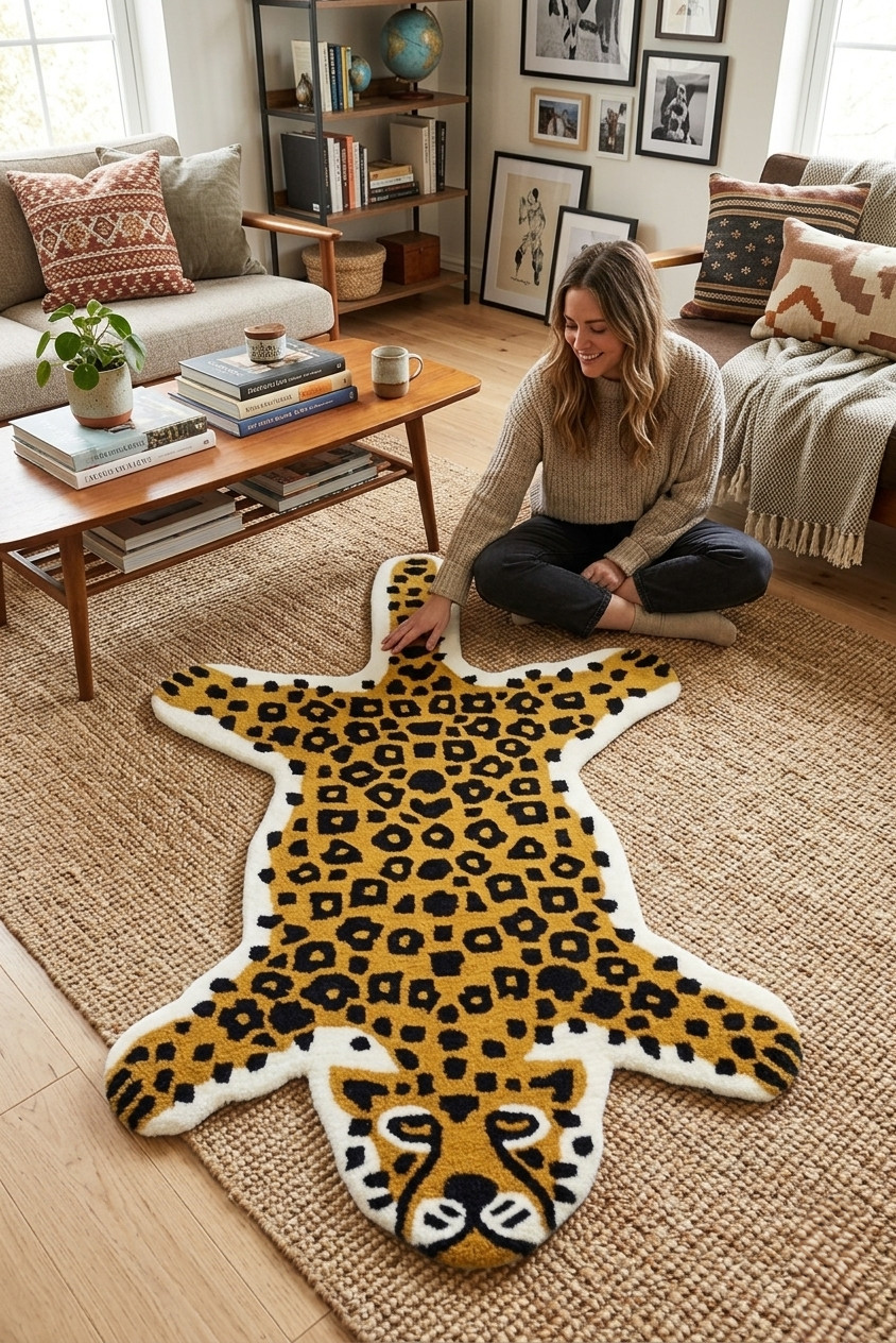 Handmade Leopard Print Wool Rug – Tufted Animal Shaped Accent Area Carpet Decor