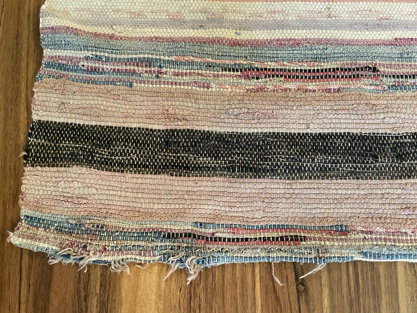 VTG Handmade Woven MCM Rag Rug 80×34 Farmhouse Country Blue Red Black Brown
