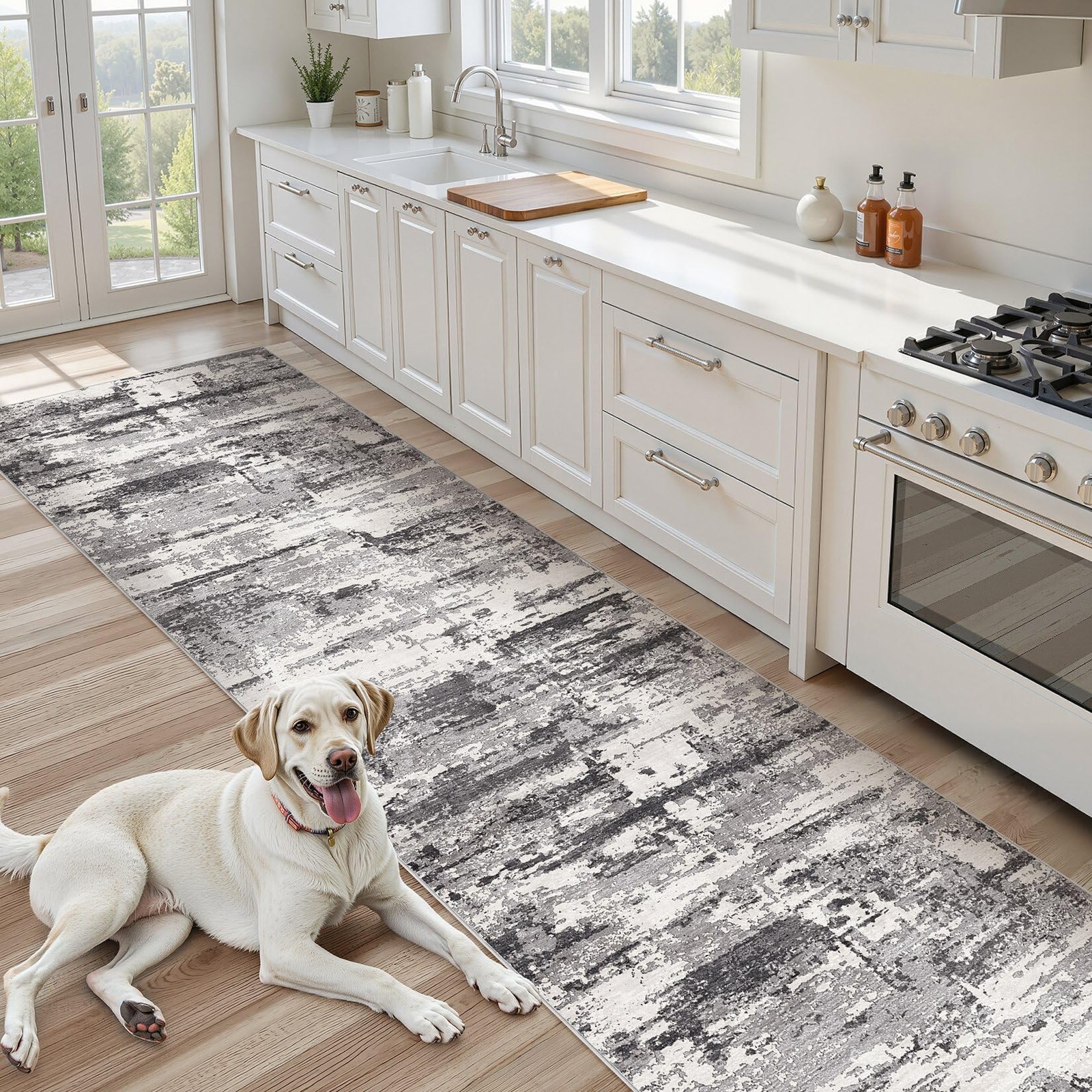 Hallway Washable Runner Rug: 3×8 Abstract Modern Soft Stain Resistant Non-Sli…