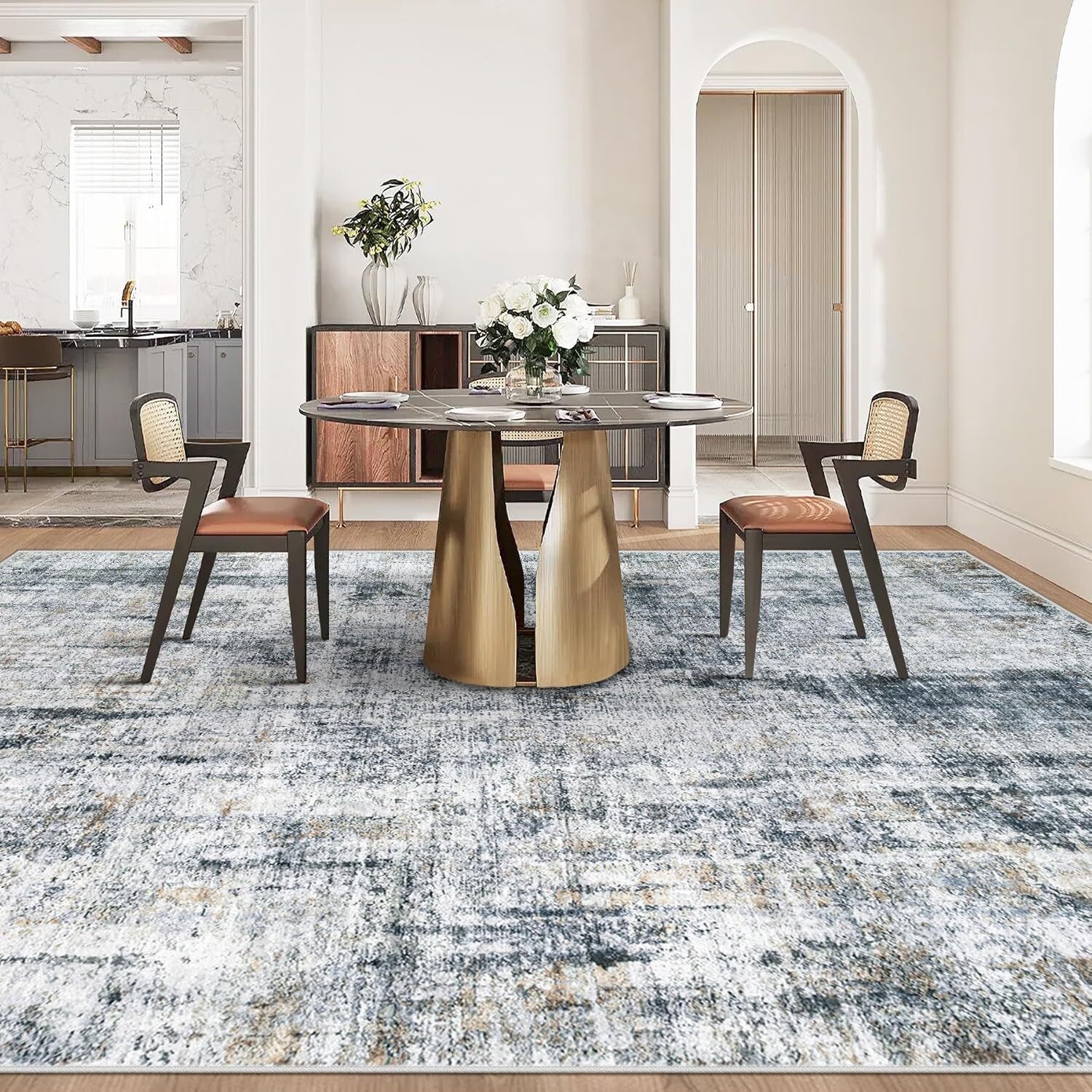 Machine Washable 5×7 Area Rug Non Slip Low Pile Modern Abstract Neutral Carpet