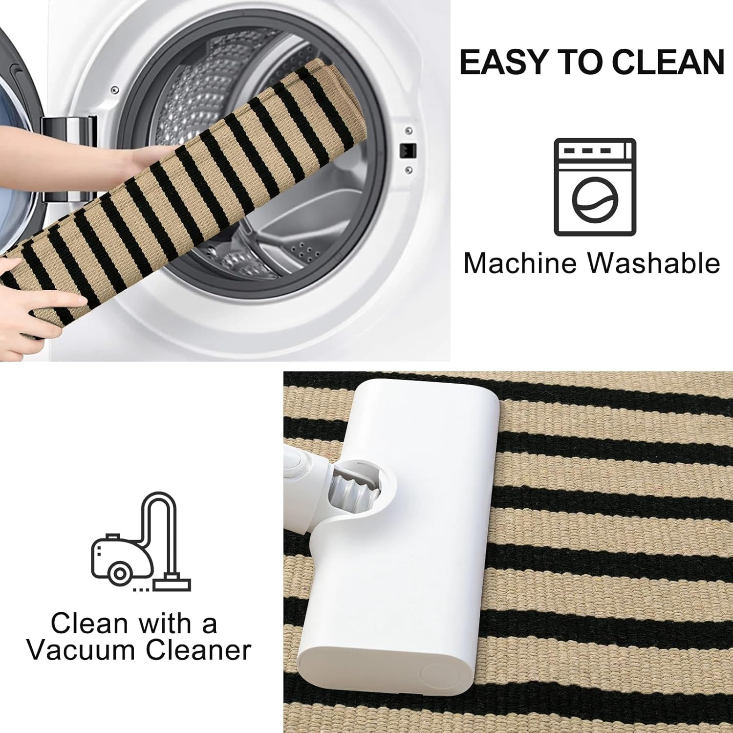 Black and Tan Striped Outdoor Rug, 2 x 3 Small Cotton Front Porch Rug Washable F