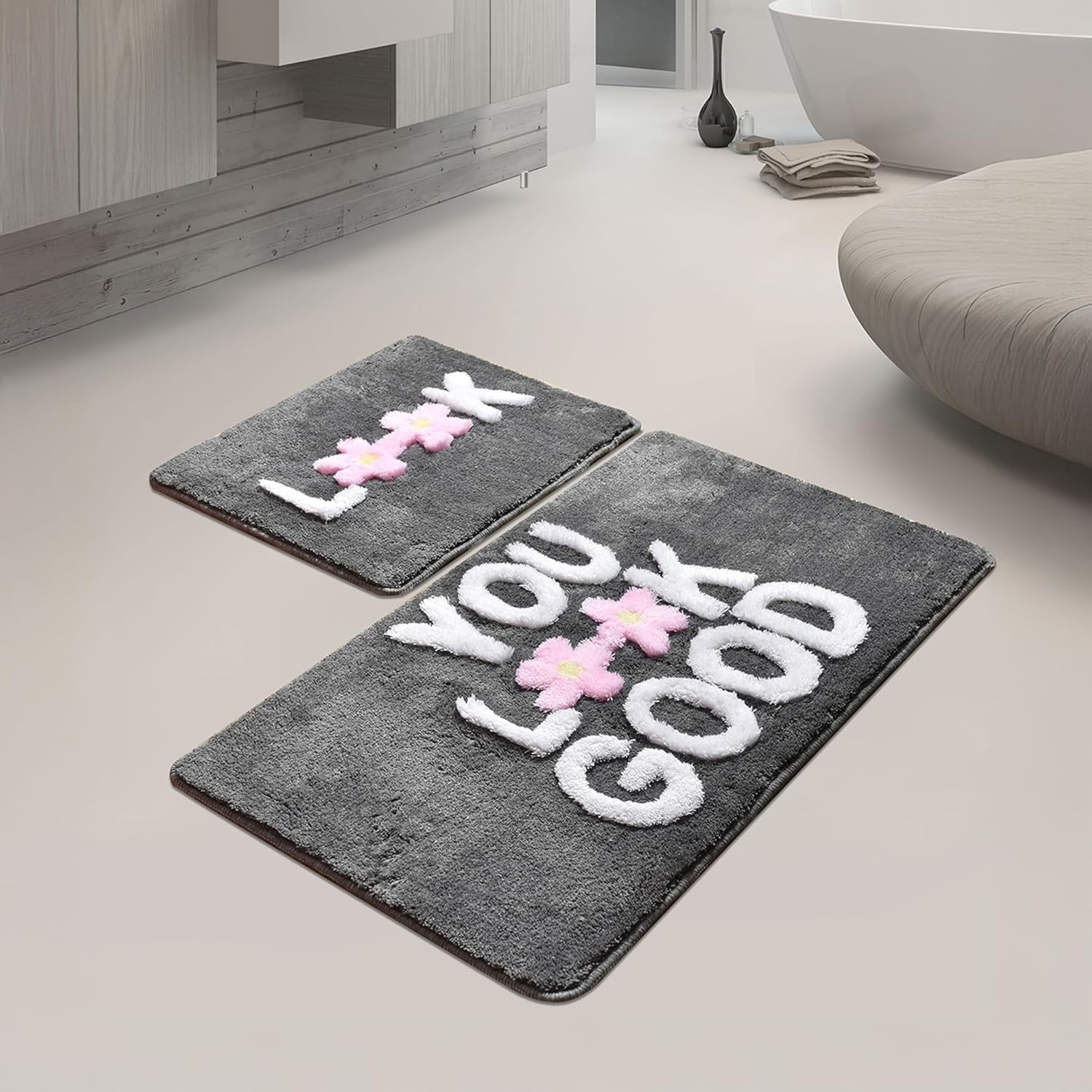 Badezimmerteppiche Look Grey (2er-Set), 60×100 cm + 50×60 cm)