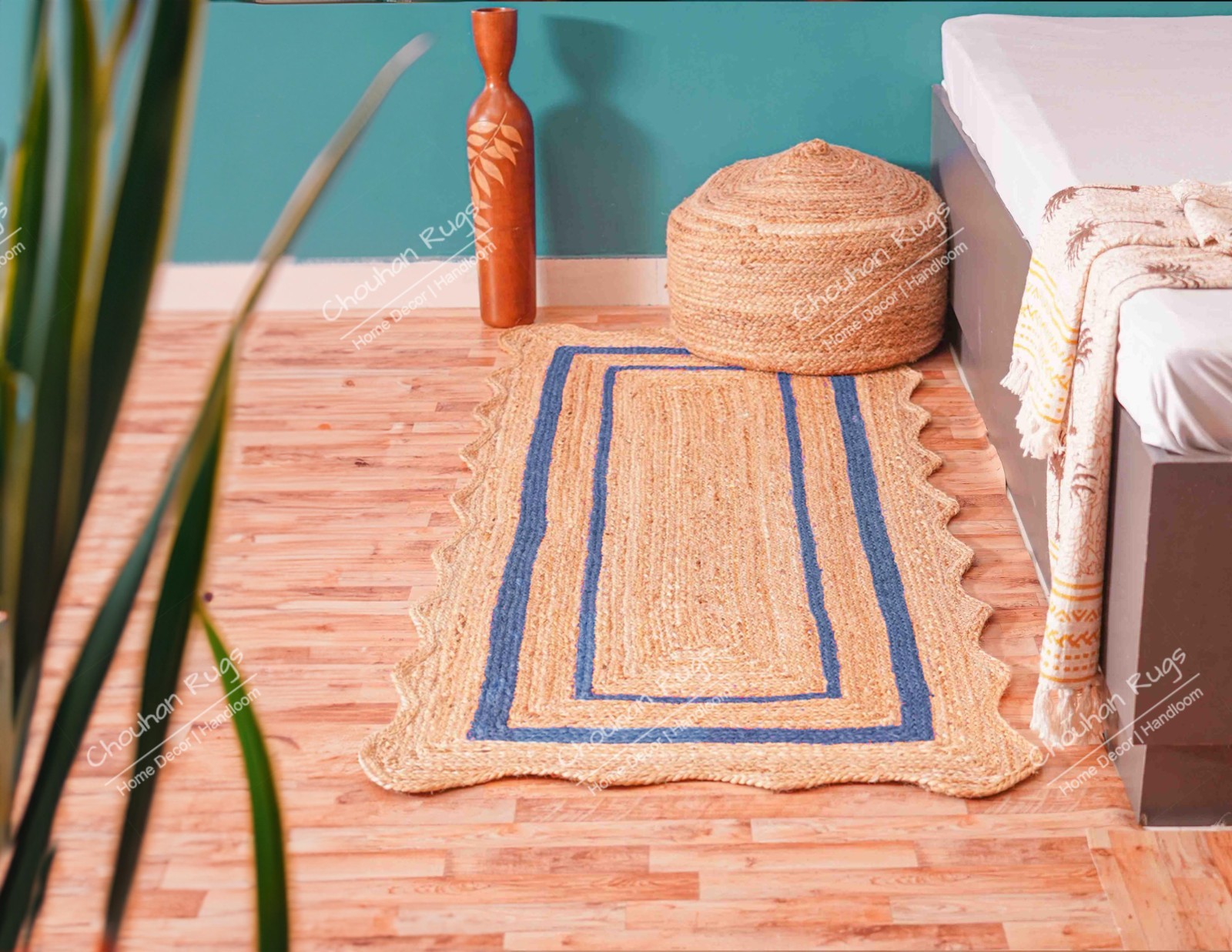 Custom size 2×10 Ft hand Braided Natural Jute Rug With Light Blue Border Rugs